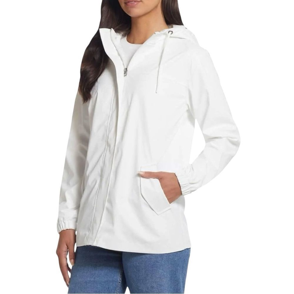 Weatherproof Vintage Women's White Hooded Rain Slicker Jacket Sz L